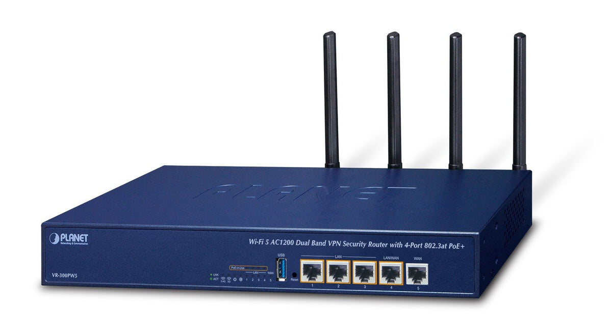PLANET Wi-Fi 5 AC1200 Dual Band VPN routeur sans fil Gigabit Ethernet Bi-bande (2,4 GHz / 5 GHz) Bleu