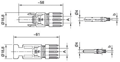 Ensemble connecteur MC4 Multi-Contact PV-KBT 4/6I-UR (+) et PV-KST4/6I-UR (-) de Staubli / plage de diametre extérieur de câble 5,5-7,4mm