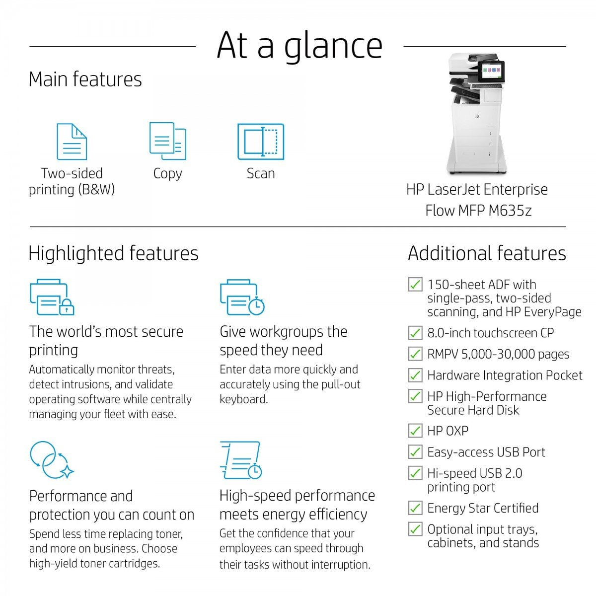 HP LaserJet Enterprise Flow MFP M635z MFP Mono laser 216x864mm A4 61ppm Print 3200sheets USB LAN