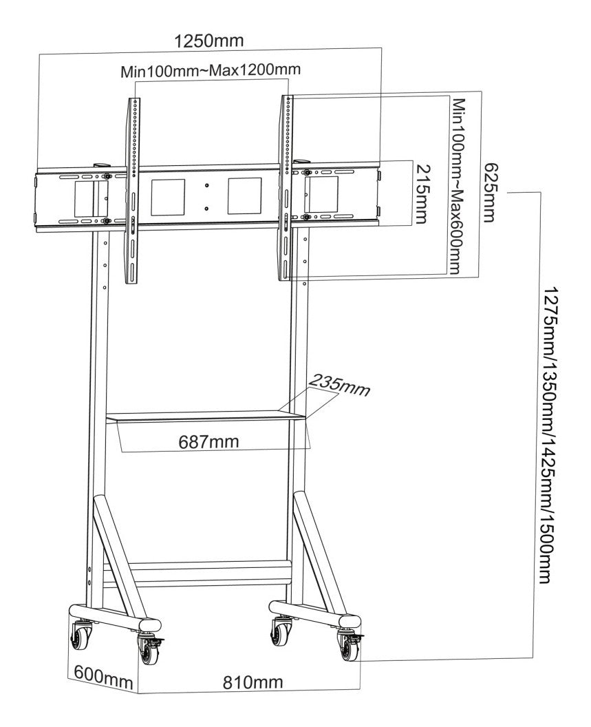 Techly ICA-TR7412 Support TV mobile 55-100” jusqu'a 120kg étagere AV réglable