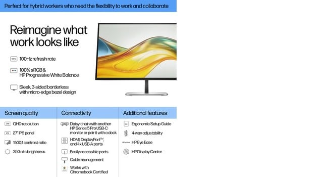 HP Écran QHD Serie 5 Pro 527pq 27p - QHD 2560 x 1440 HDMI USB hub DisplayPort 3/3/0