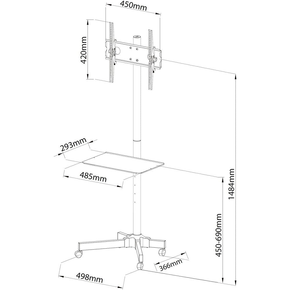 "Techly ICA-TR21 Support TV mobile 23-55"" jusqu'a 55kg étagere AV réglable"