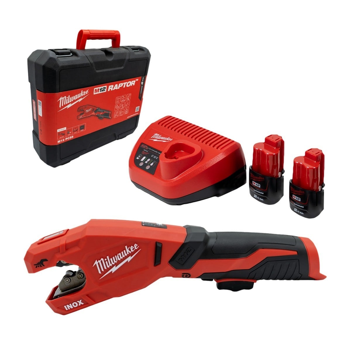 MILWAUKEE 4933479242 Coupe-tube en acier M12 Raptor PCSS-202C dans un étui avec 2 batteries et un chargeur