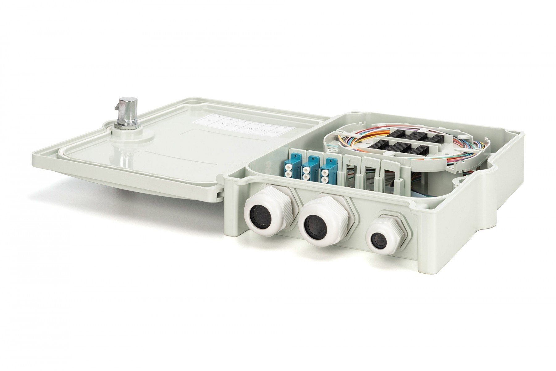 Boîte de distribution FTTH externe, 12 épissures, 12x (LC/PC), cassette d'épissure, 260x190x60 mm, IP65