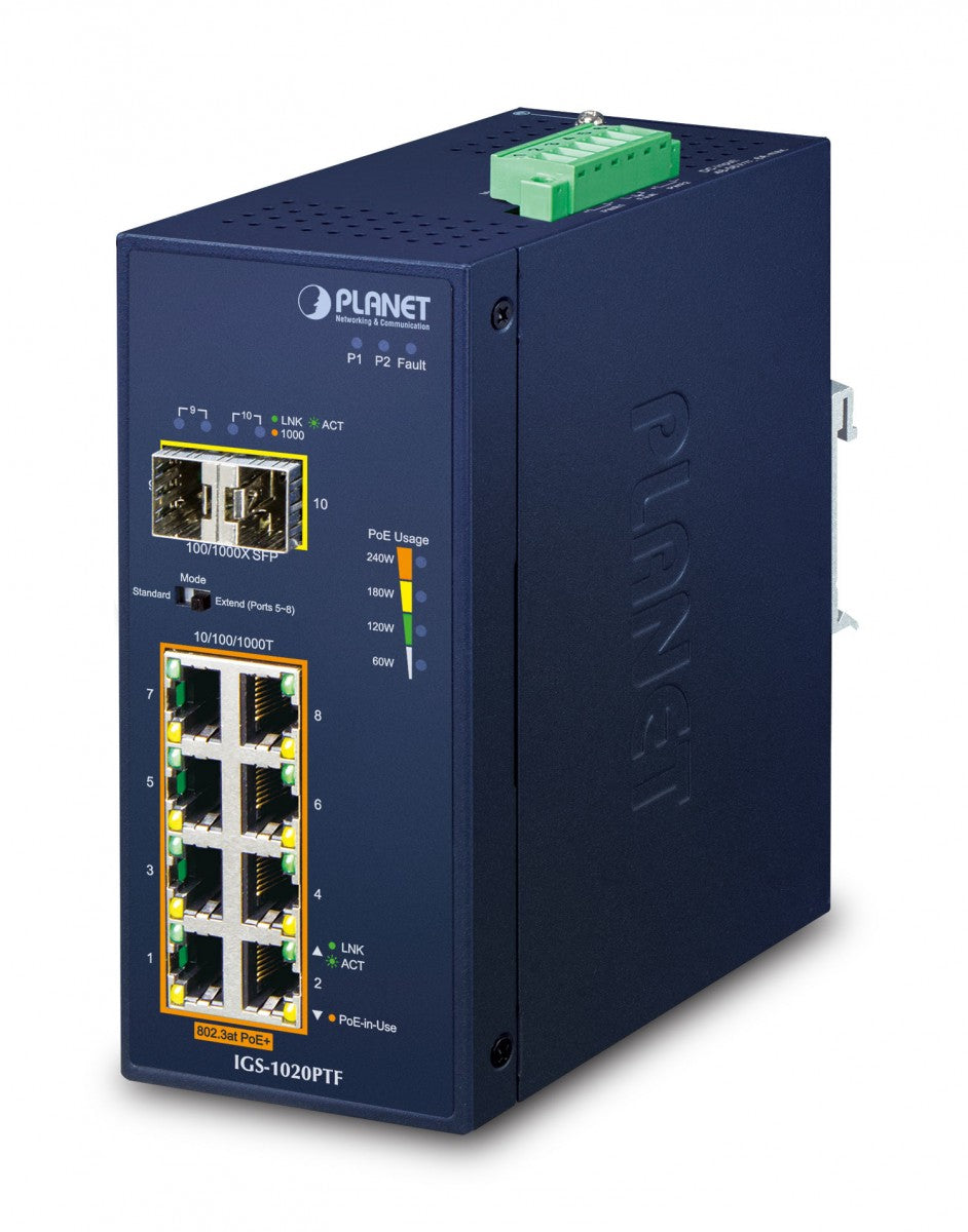 PLANET IP30 Ind 8-P 10/100/1000T Non-géré Gigabit Ethernet (10/100/1000) Connexion Ethernet, supportant l'alimentation via ce port (PoE) Bleu