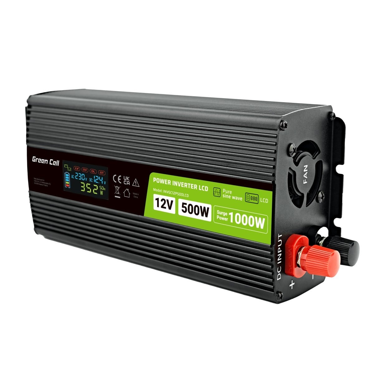 Green Cell Przetwornica napicia PowerInverter LCD 12 V 500W/1000W Przetwornica samochodowa z wywietlaczem - czysty sinus adaptateur de puissance & onduleur Auto