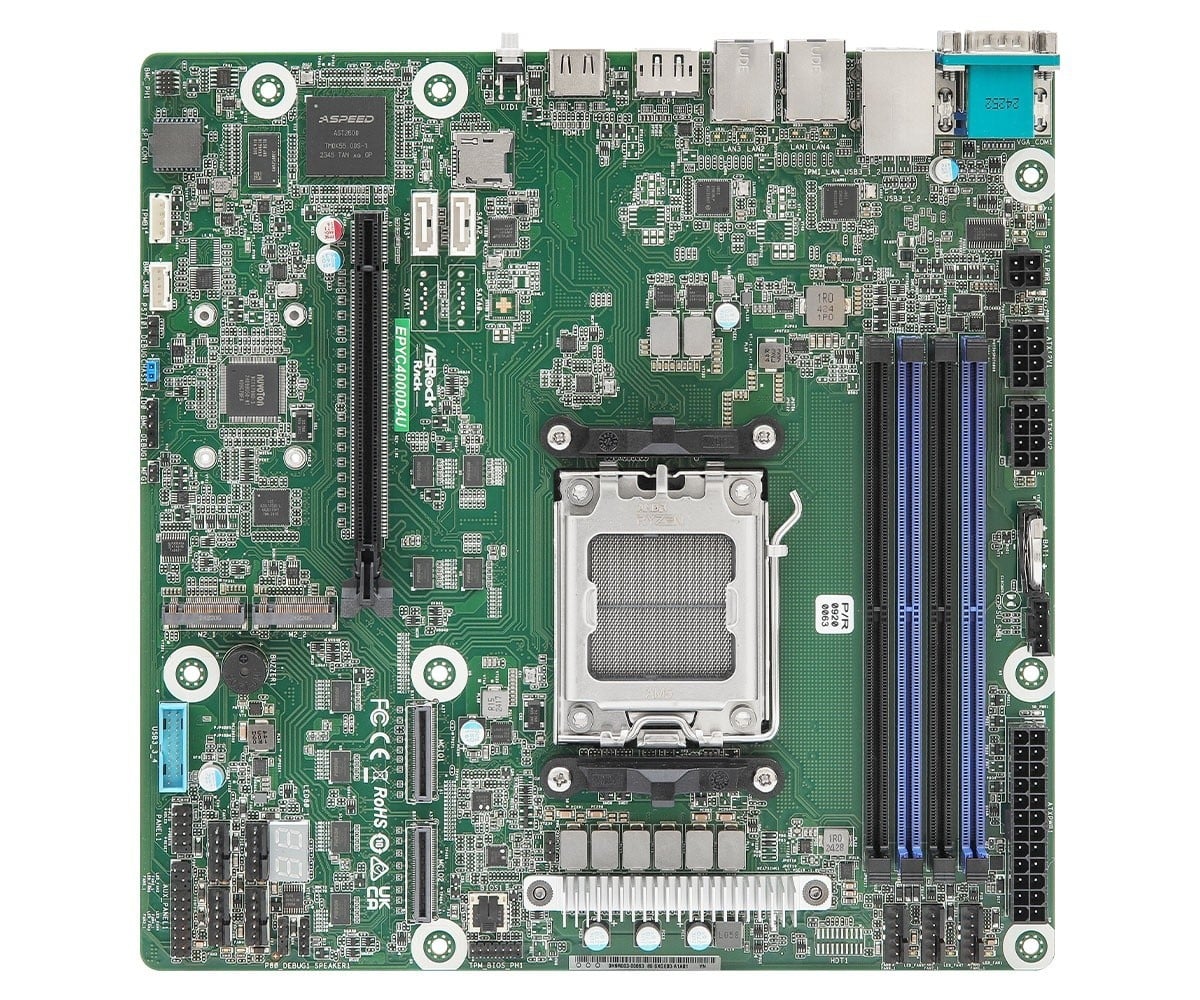 ASRock EPYC4000D4U, 1xSKT LGA 1718, AMD EPYC 4005, KNOLL3 X600, SATA, NVMe, 2xM.2, 2xGbE, IPMI