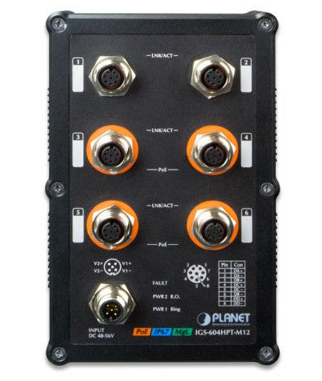 PLANET IGS-604HPT-M12 commutateur réseau Géré L2+ Connexion Ethernet, supportant l'alimentation via ce port (PoE) Noir