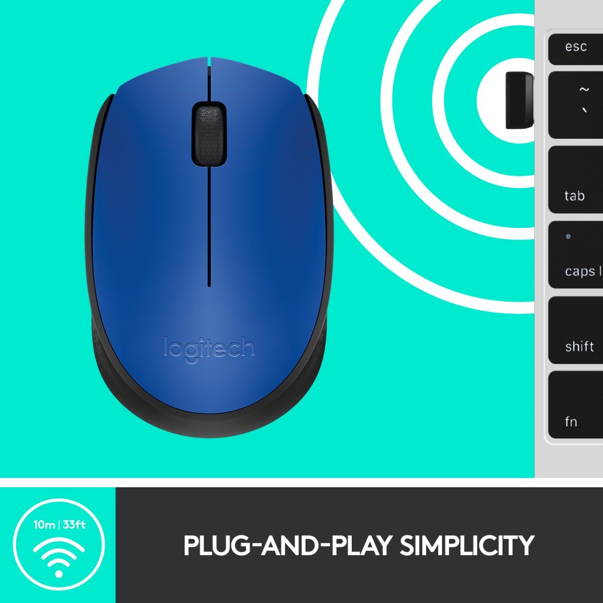 LOGITECH M171 Mouse right and left-handed wireless 2.4 GHz USB wireless receiver black blue