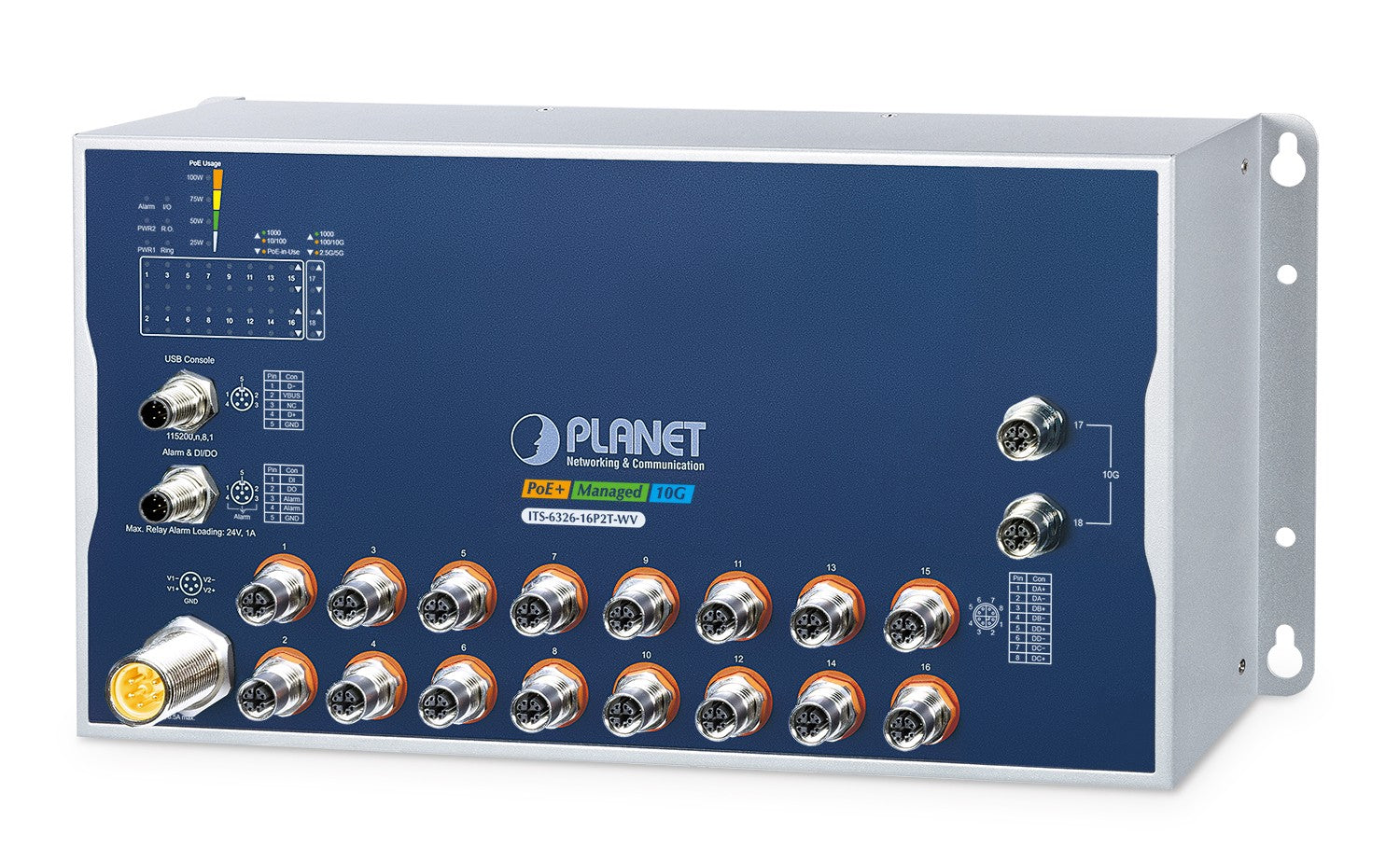 PLANET ITS-6326-16P2T-WV commutateur réseau Géré L3 Aluminium, Bleu