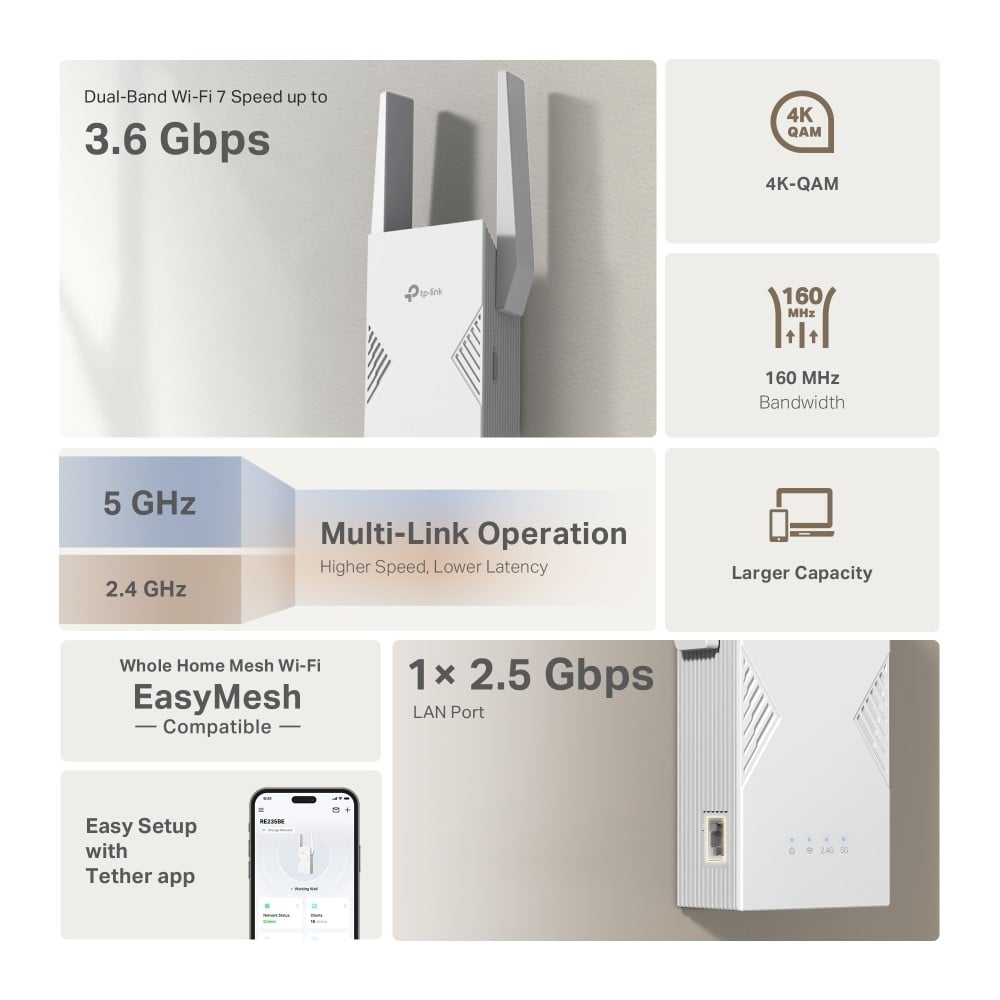 TP-LINK BE3600 Dual-Band Wi-Fi 7 Range Extender