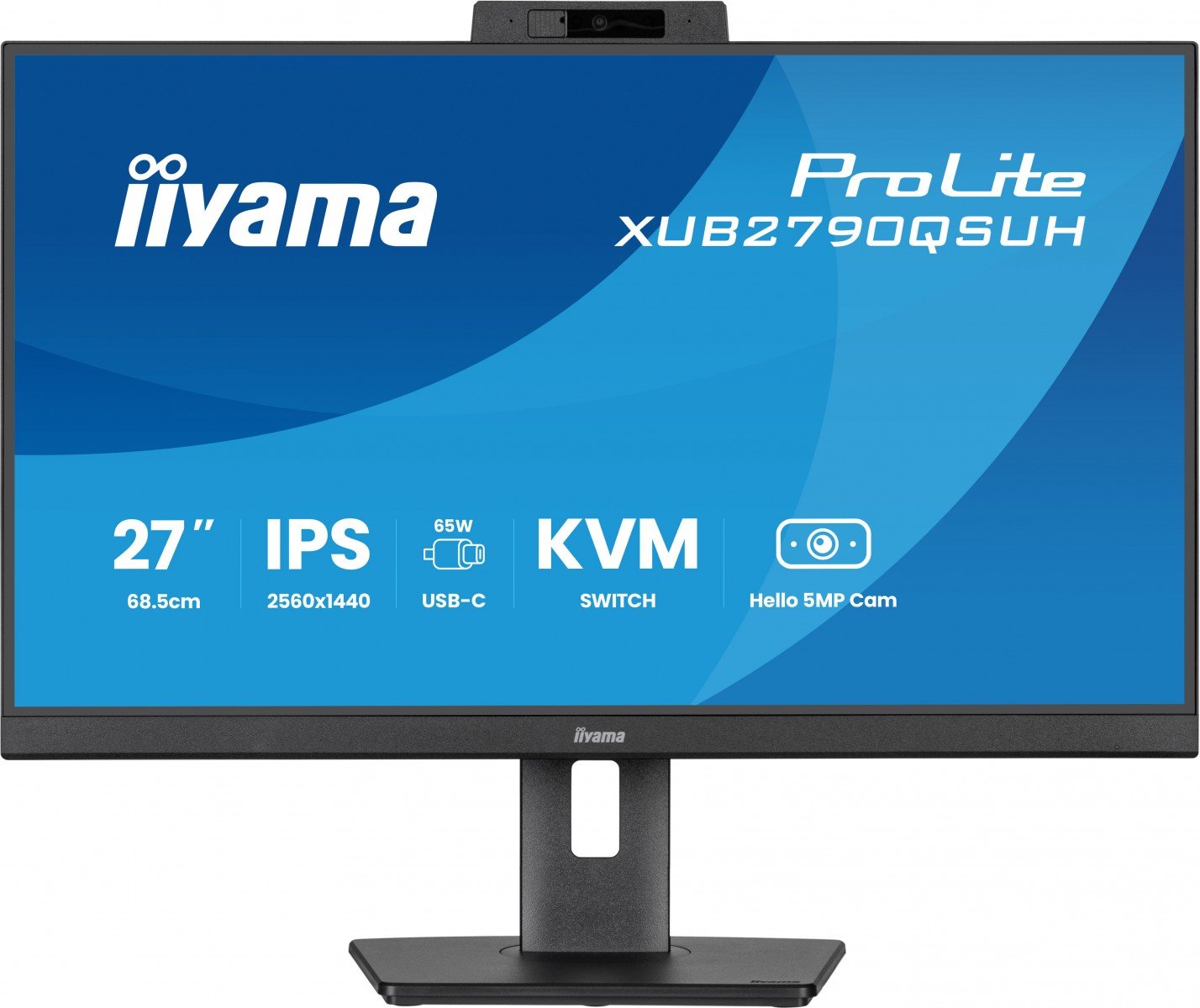 iiyama XUB2790QSUH-B2 27 pouces IPS-panel 2560x1440 100Hz Windows Hello Webcam 5MP Mise au point automatique Support réglable en hauteur 15cm 4ms 250