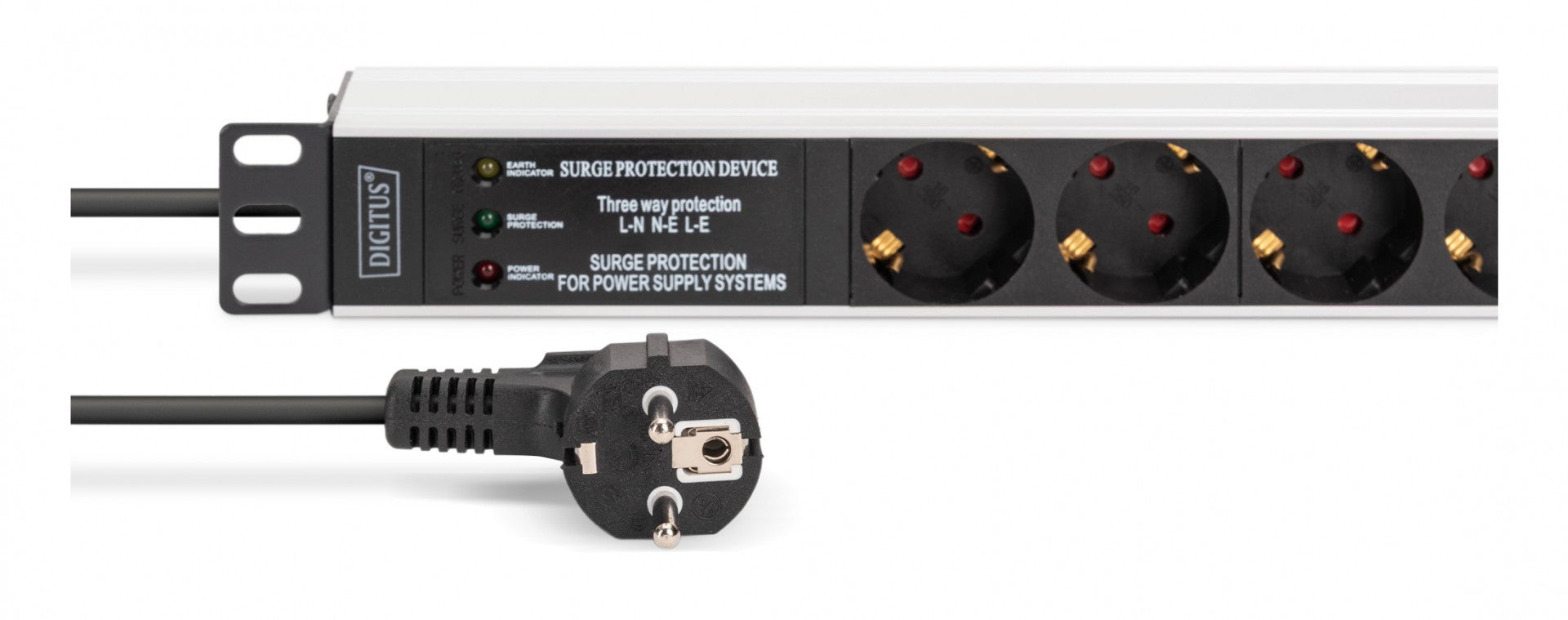 "Barre d'alimentation PDU Rack 19"" avec protection contre les surtensions + filtre EMI/RFI, 7 prises Schuko CEE 7/3 (45°), câble de 2m, fiche Unischuko CEE 7/7, "