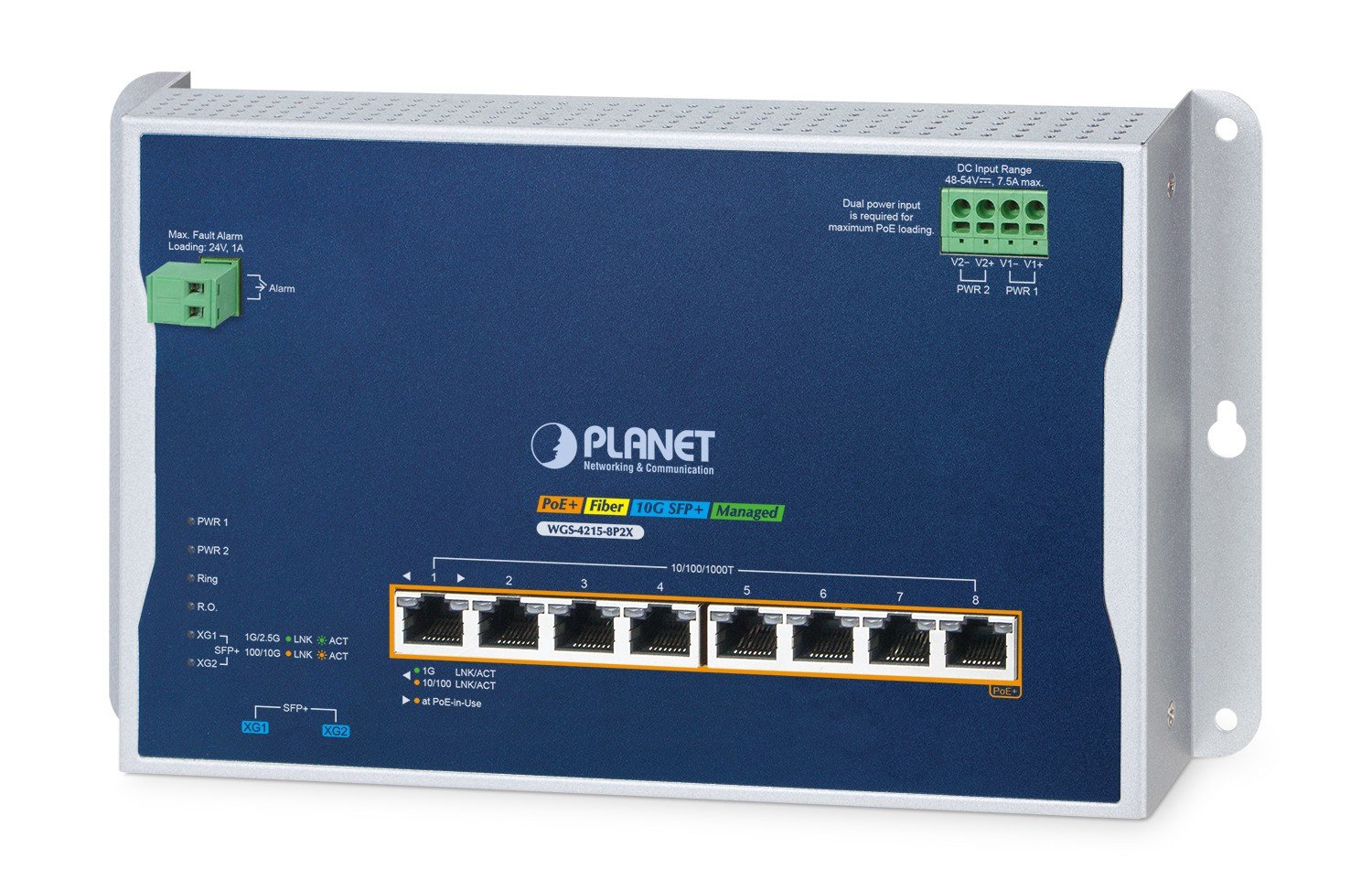 PLANET Industrial 8-Port Wall-mount Switch WGS-4215-8P2X Géré L2+ Gigabit Ethernet (10/100/1000) Connexion Ethernet, supportant l'alimentation via ce port (PoE)