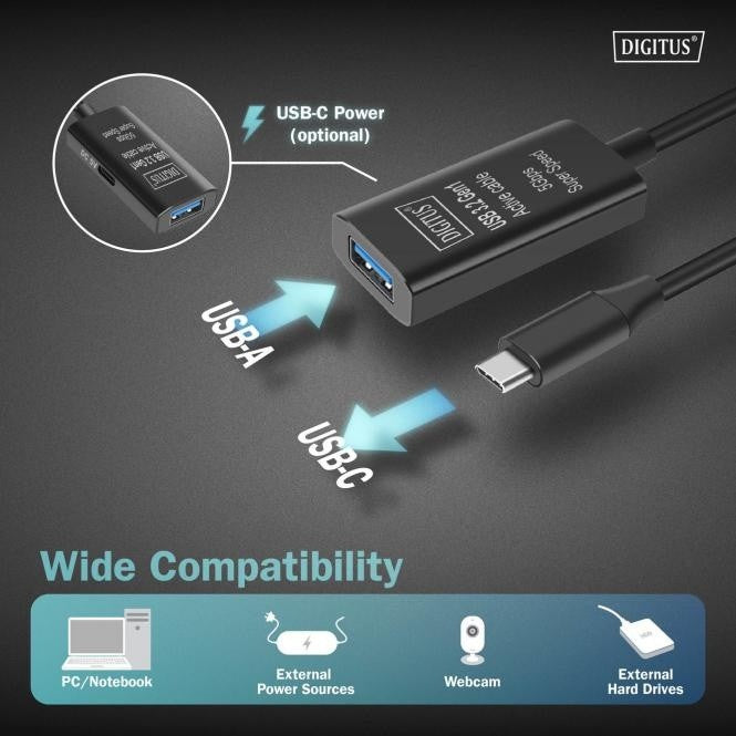 Câble d'extension actif, USB 3.0 5Gbps, USB-C - USB-A, 5m