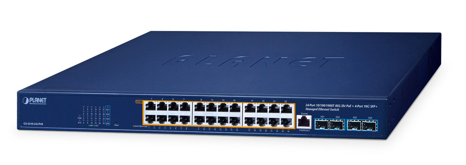 PLANET GS-4210-24UP4X commutateur réseau Géré L2/L4 Gigabit Ethernet (10/100/1000) Connexion Ethernet, supportant l'alimentation via ce port (PoE) Bleu