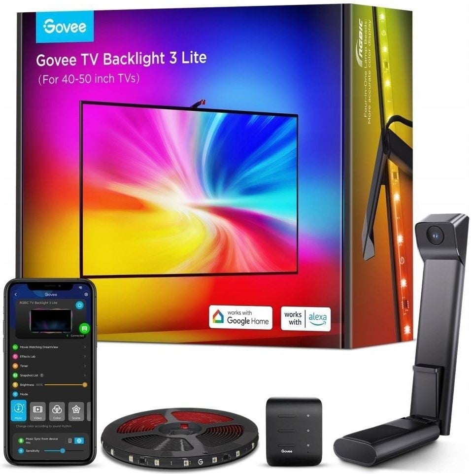 Govee H6097 TV Backlight 3 Lite | Bande LED | rétroéclairage pour TV de 40 a 50 pouces, RGBICW, Wi-Fi+Bluetooth
