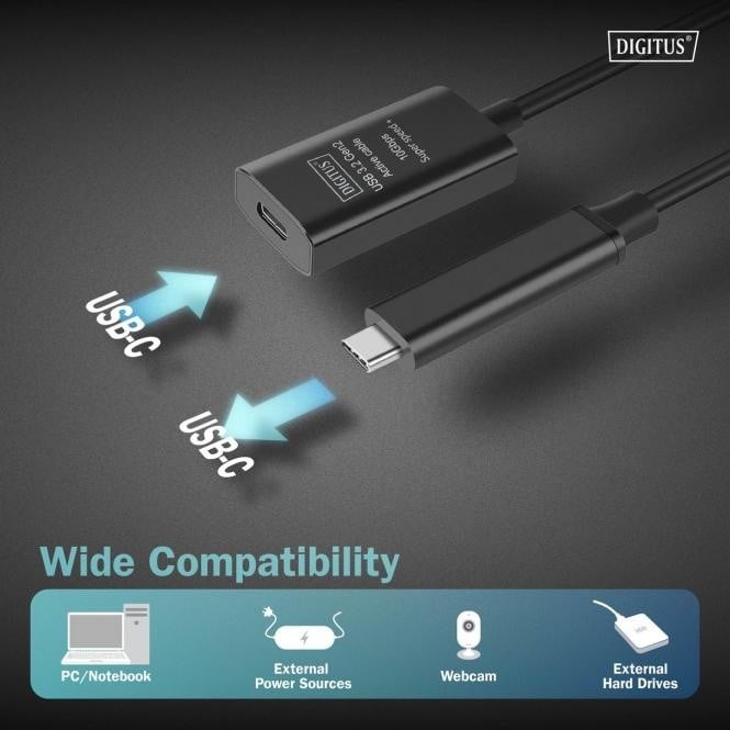 Câble d'extension actif, USB 3.2 Gen2, 10Gbps, USB-C - USB-C, 5m