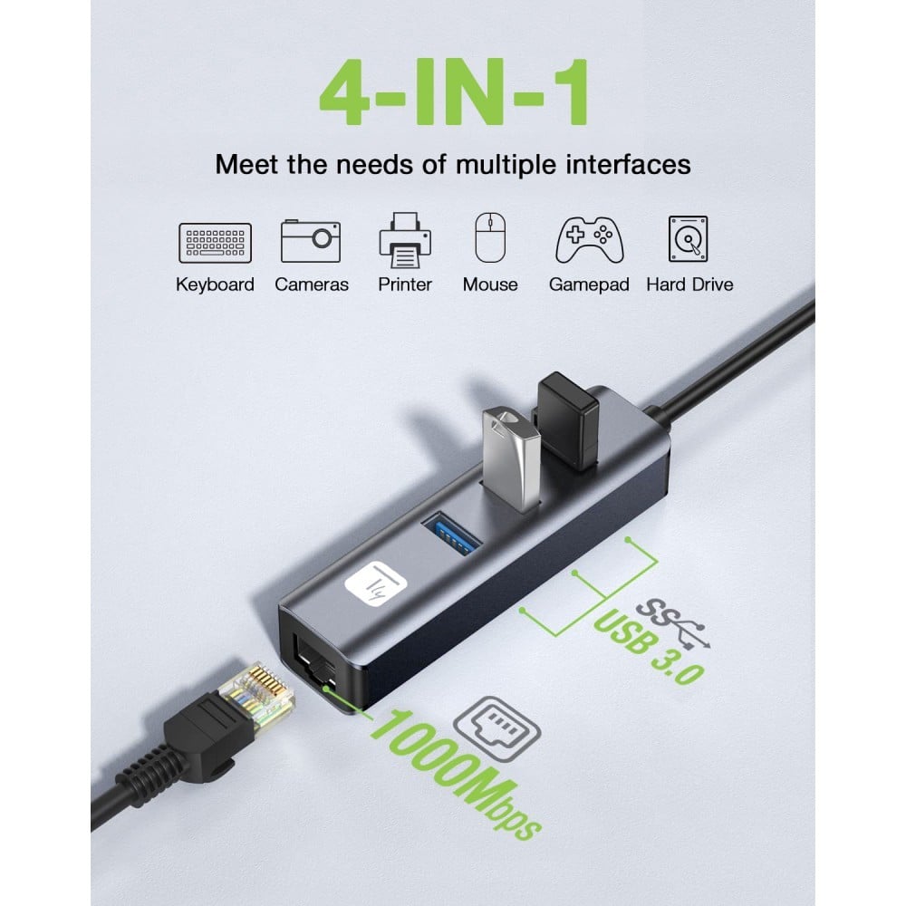 Techly IDATA USB-ETGIGA3AA Carte réseau/Adaptateur USB 3.0 vers RJ45 Gigabit, hub 3x USB-A