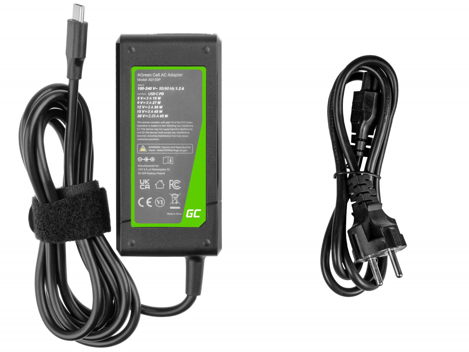Green Cell AD133P Adaptateur USB-C 45W pour ordinateurs portables, tablettes, téléphones