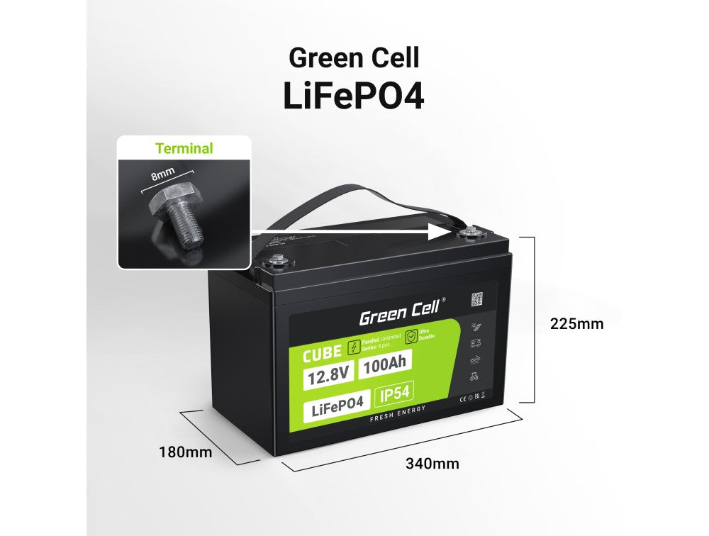Green Cell LFPGC12V100AH CUBE Batterie LiFePO4 100Ah 12.8V 1280Wh Lithium-Fer-Phosphate pour Photovoltaique, Caravanes, Bateaux