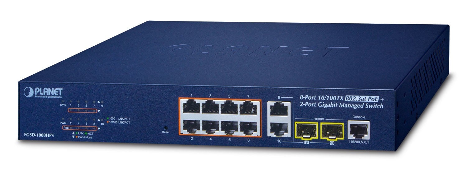 PLANET FGSD-1008HPS commutateur réseau Géré Fast Ethernet (10/100) Connexion Ethernet, supportant l'alimentation via ce port (PoE) Bleu