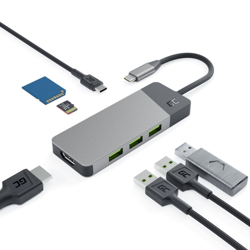 Green Cell HUBGC01 - USB Type-C - HDMI - USB 3.2 Gen 2 (3.1 Gen 2) Type-A - USB 3.2 Gen 2 (3.1 Gen 2) Type-C - MicroSD (TransFlash) - SD - 5000 Mbit/s - 60 Hz -