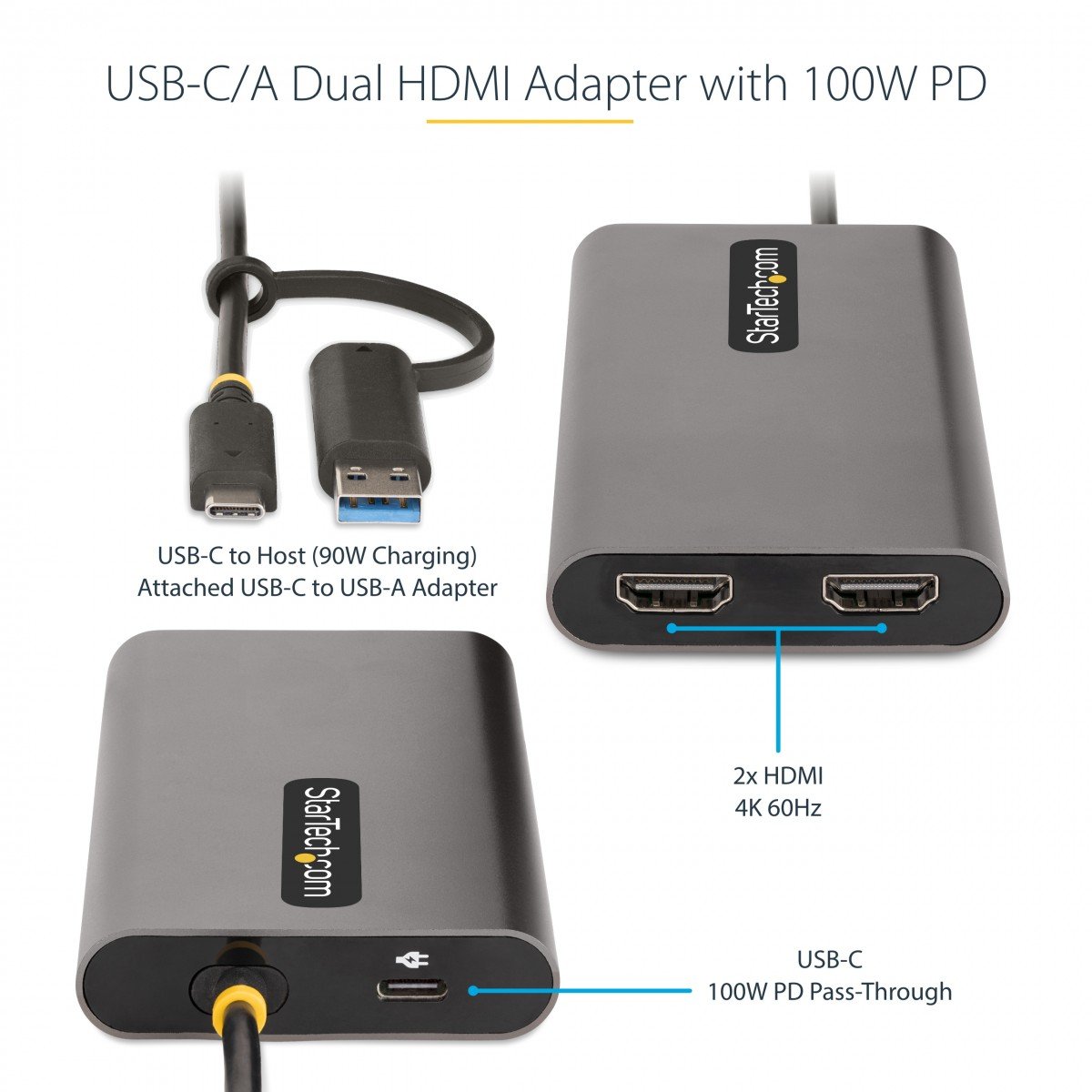 USB-C to Dual-HDMI Adapter 4K 60Hz PD