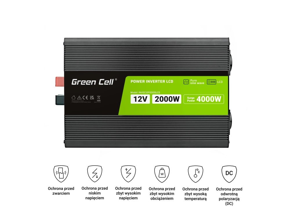 Green Cell Przetwornica napicia PowerInverter LCD 12 V 2000W/40000W Przetwornica samochodowa z wywietlaczem - czysty sinus adaptateur de puissance & onduleur Au