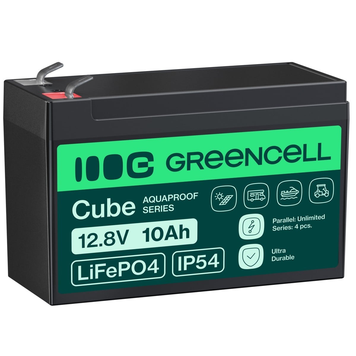 Green Cell LFPGC12V10AH CUBE Batterie LiFePO4 10Ah 12.8V 128Wh Lithium-Fer-Phosphate pour alimentation de secours et éclairage, centrales d'alarme