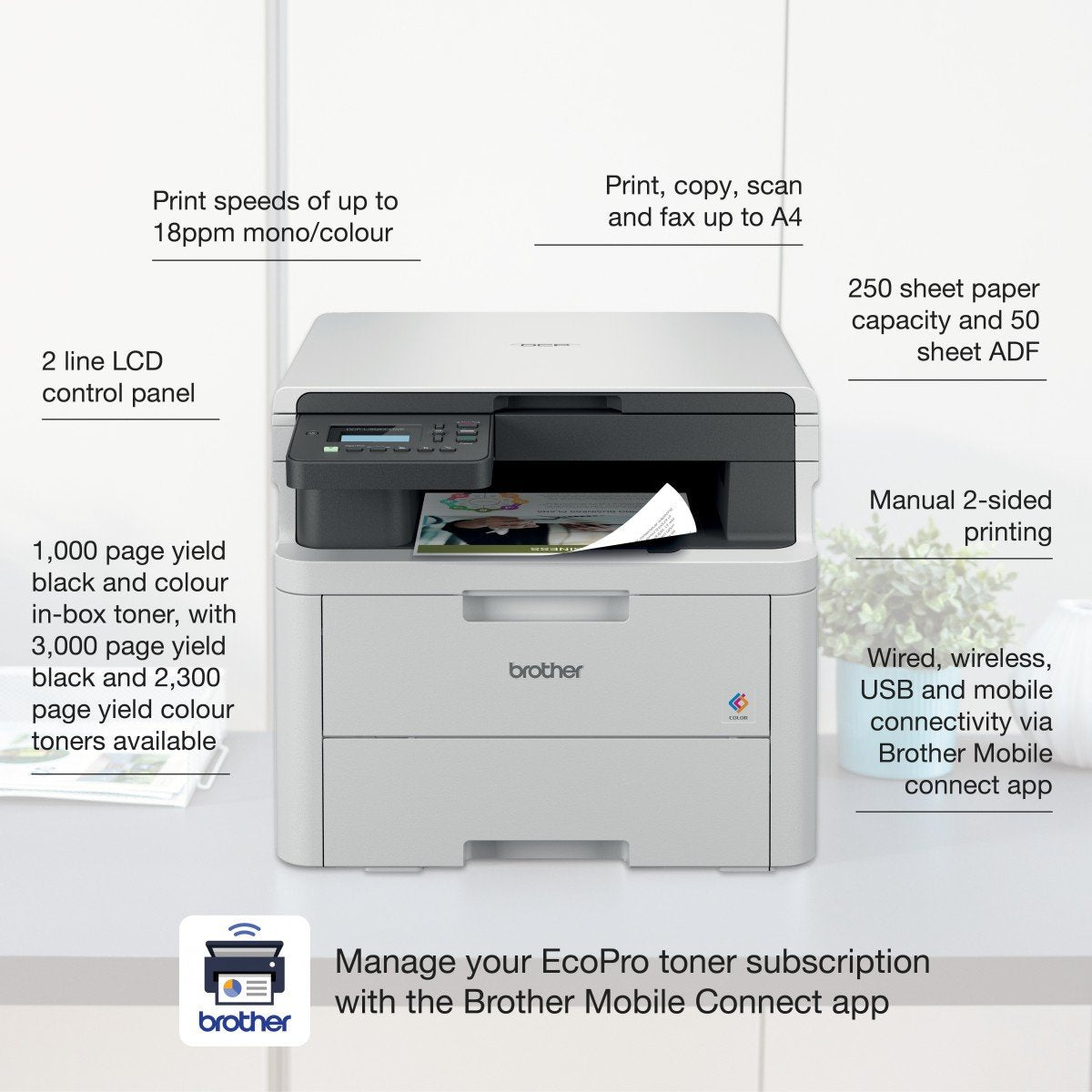 BROTHER HL-L3220CWE Printer colour LED A4 600x2400dpi 18ppm mono 18ppm colour 250sheets USB Wi-Fi