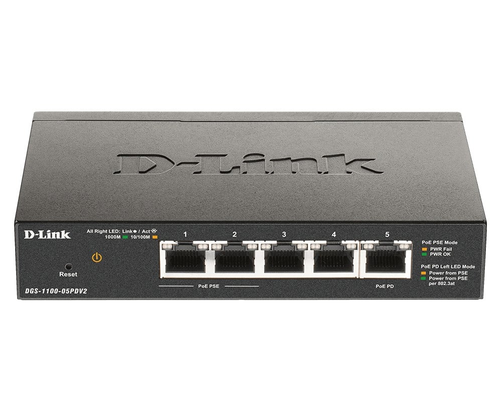 D-Link DGS-1100-05PDV2 commutateur réseau Géré Gigabit Ethernet (10/100/1000) Connexion Ethernet, supportant l'alimentation via ce port (PoE) Noir
