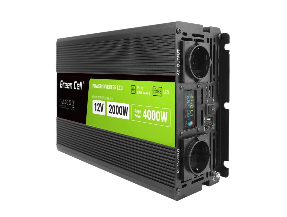 Green Cell Przetwornica napicia PowerInverter LCD 12 V 2000W/40000W Przetwornica samochodowa z wywietlaczem - czysty sinus adaptateur de puissance & onduleur Au