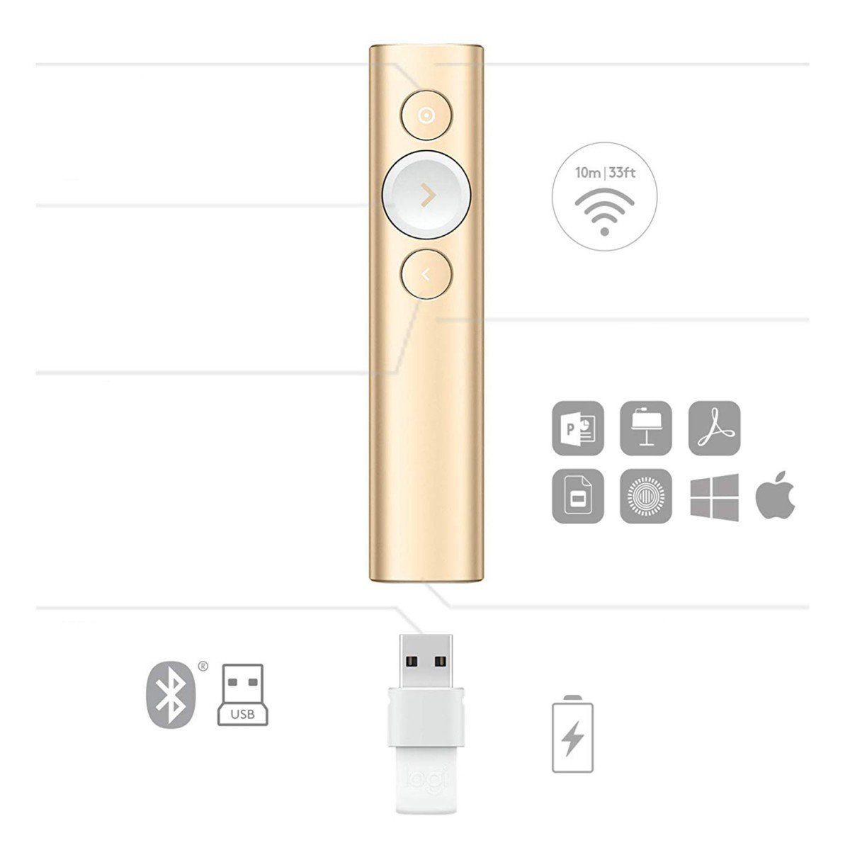 LOGITECH Spotlight Presentation remote control 3 buttons gold
