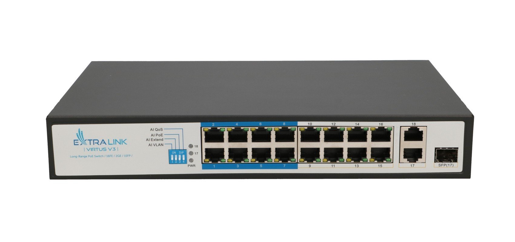 Extralink VIRTUS V3 Non-géré L2 Fast Ethernet (10/100) Connexion Ethernet, supportant l'alimentation via ce port (PoE) 1U Noir
