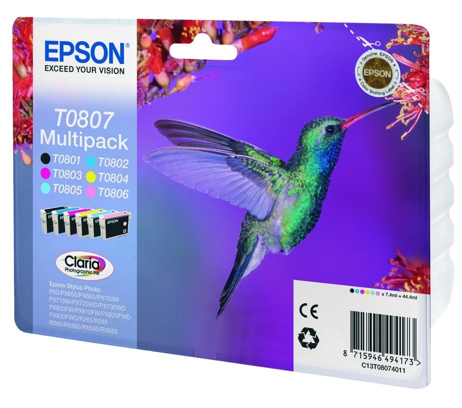 EPSON 3LB T0807 ink cartridge black and five colour standard capacity black and colour: 7.4ml 6-pack RF-AM blister w/s