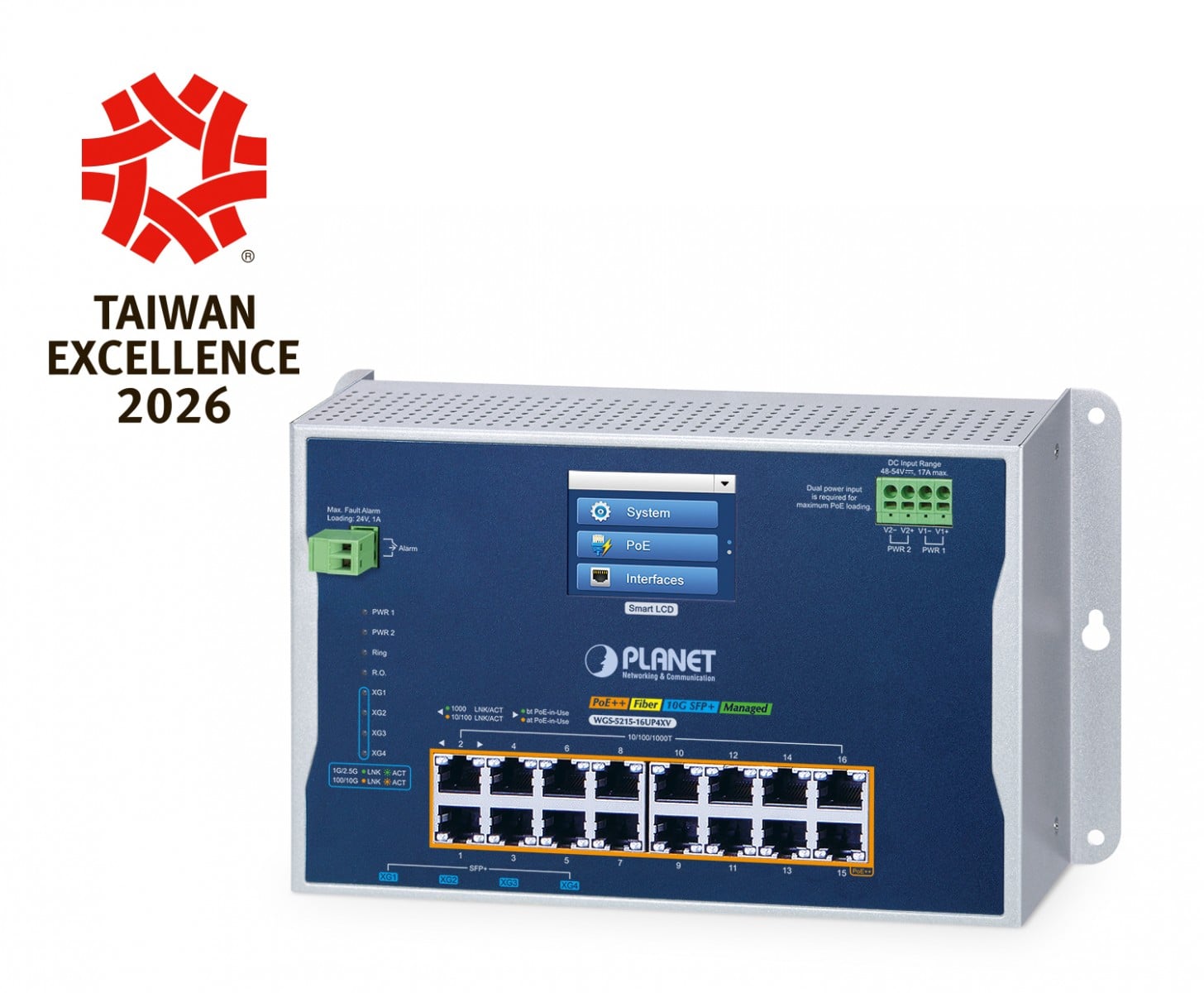 PLANET Industrial L2+ 16-Port 10/100/1000T 802.3bt PoE + 4-Port 10G SFP+ Wall-mount Managed Ethernet Switch with LCD Touch Screen Géré L2/L2+ Gigabit Ethernet (