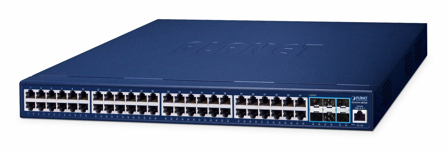 PLANET GS-6311-48T6X Layer 3 48-Port 10/100/1000T + 6-Port 10G SFP+ Managed Ethernet Switch (hardware-based Layer 3 RIPv1/v2, OSPFv2 dynamic routing, supports E