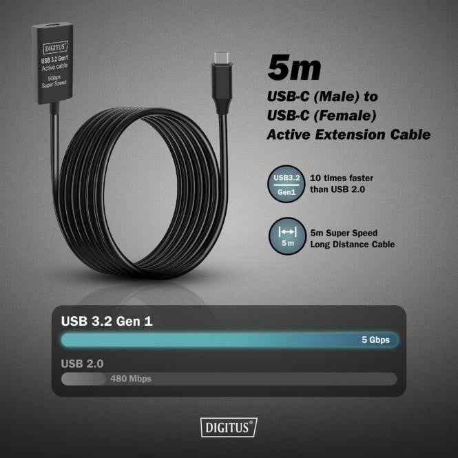 Câble d'extension actif, USB 3.2 Gen1, 5Gbps, USB-C vers USB-C, 5m