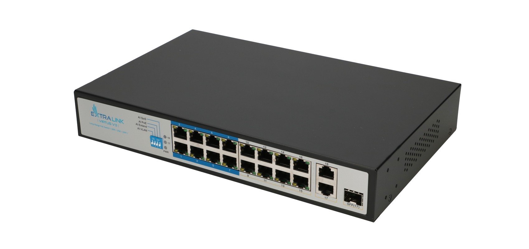 Extralink VIRTUS V3 Non-géré L2 Fast Ethernet (10/100) Connexion Ethernet, supportant l'alimentation via ce port (PoE) 1U Noir