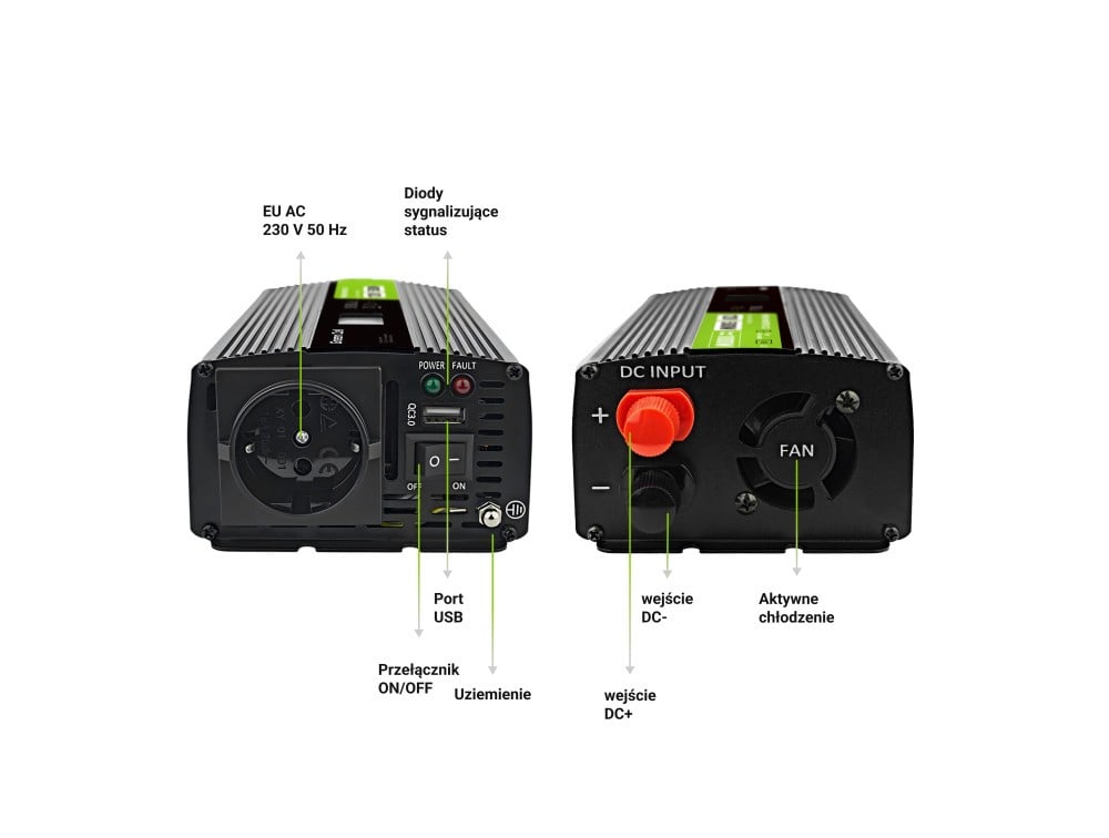 Green Cell Przetwornica napicia PowerInverter LCD 12 V 500W/1000W Przetwornica samochodowa z wywietlaczem - czysty sinus adaptateur de puissance & onduleur Auto