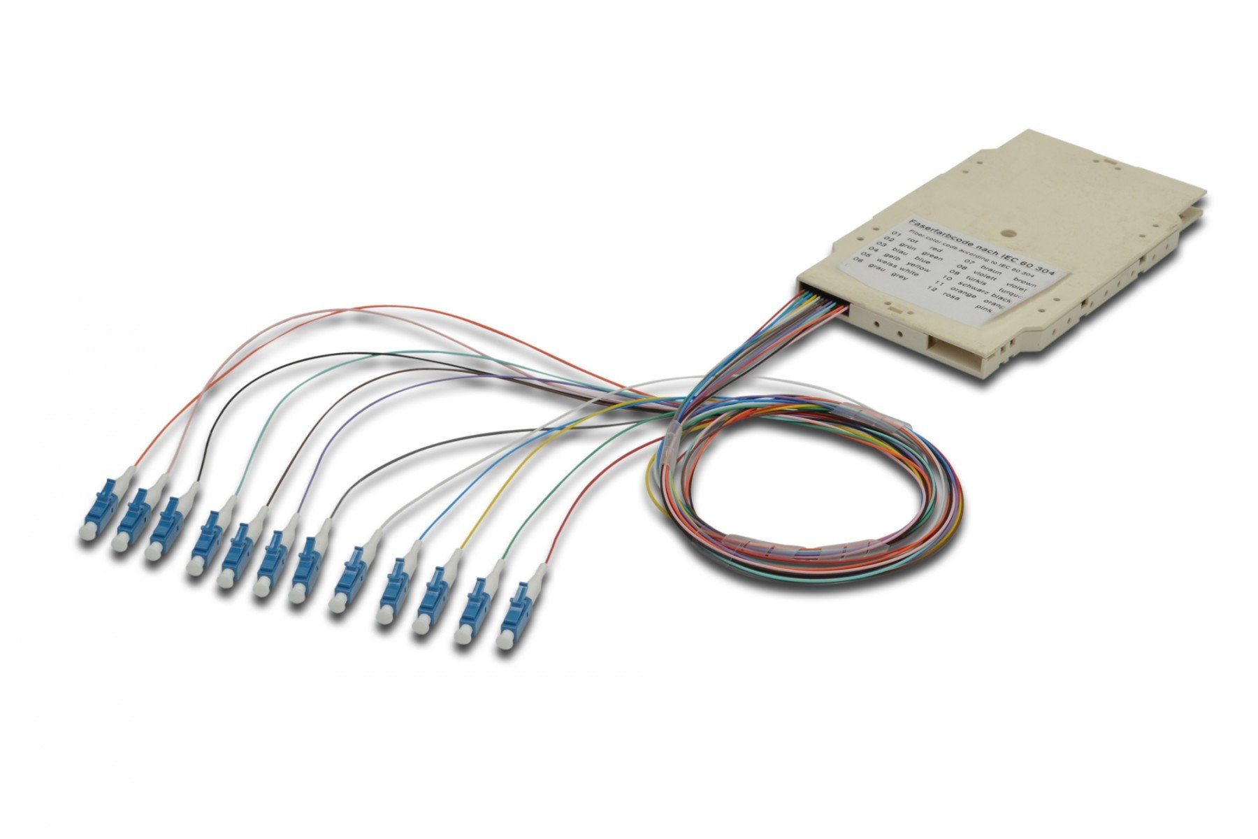 Plateau de fusion en fibre optique avec 12 pigtails LC colorés (UPC), MM OM4 50/125, 2 m, LSZH