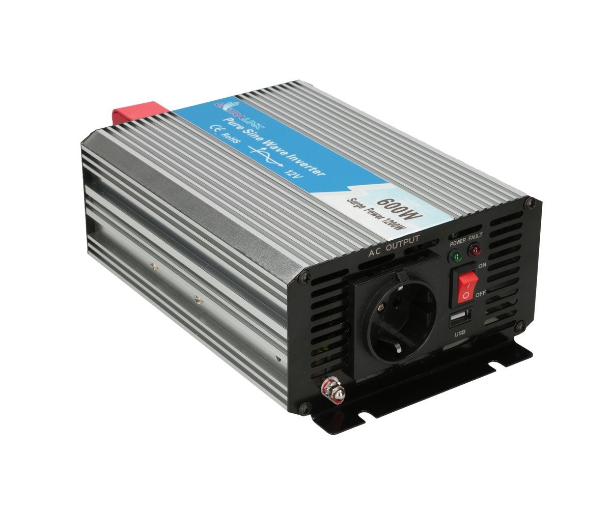 Extralink VOLTAGE CONVERTER 12V - 230V, 600W, PURE SINUS OPIP-600W adaptateur de puissance & onduleur Auto Aluminium, Noir
