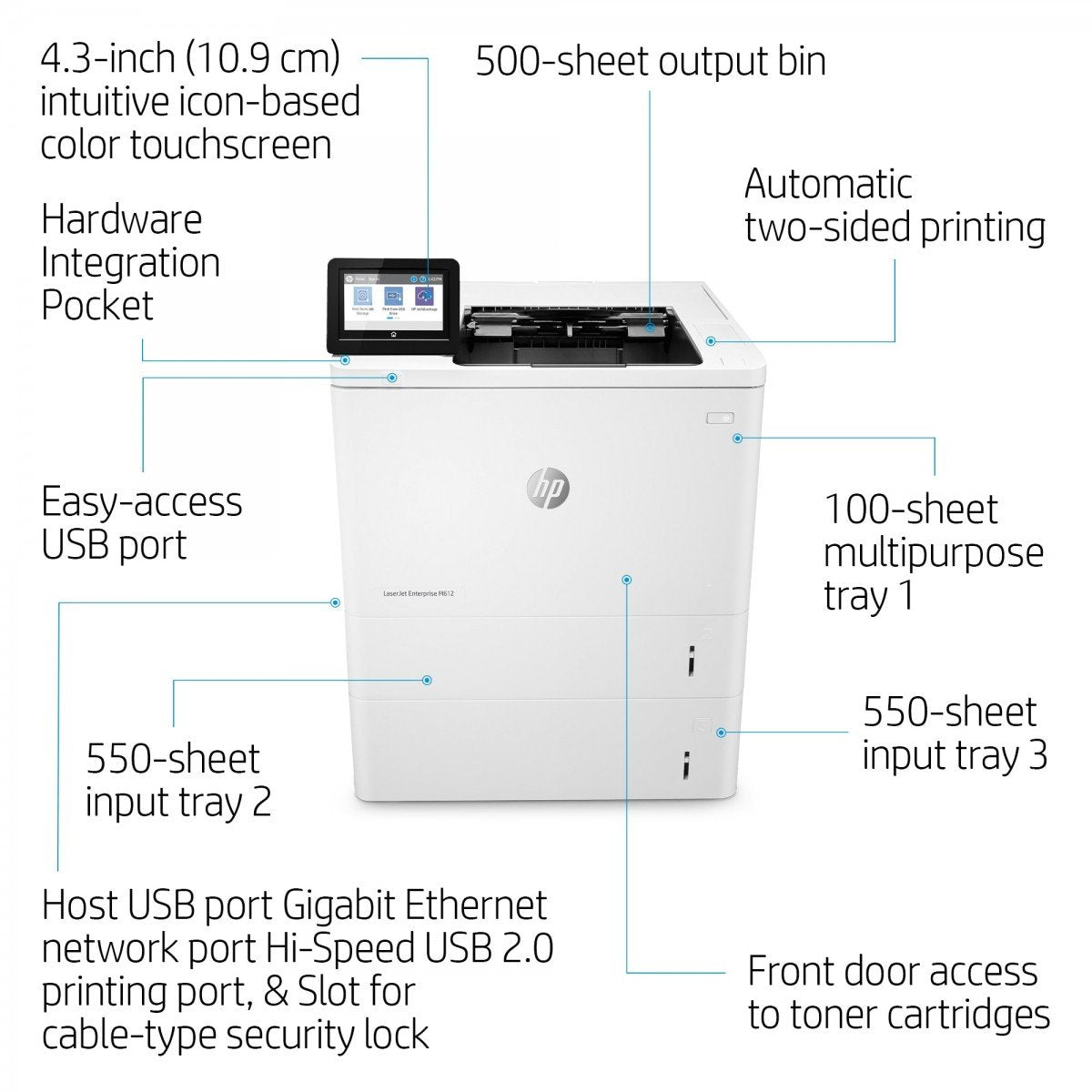 HP LaserJet Enterprise M612dn Printer Mono Duplex laser A4 1200x1200dpi 71ppm 650sheets USB LAN