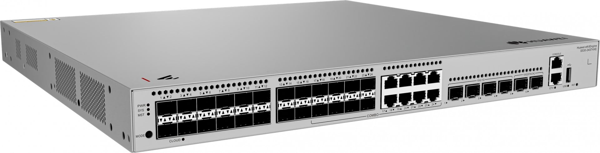 HUAWEI S530-24ST4XE 24xGE SFP ports 8 of which are dual-purpose 10/100/1000 or SFP 4x10GE SFP+ ports 2x12GE stack ports 1xAC eKit