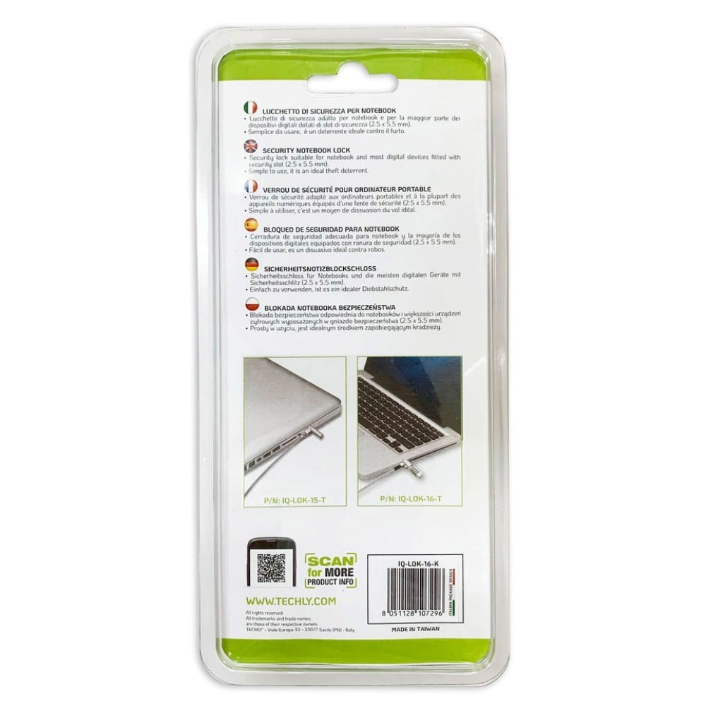 Techly IQ-LOK-15-K Câble de sécurité pour ordinateur portable Nano Slot Clé 1.8m
