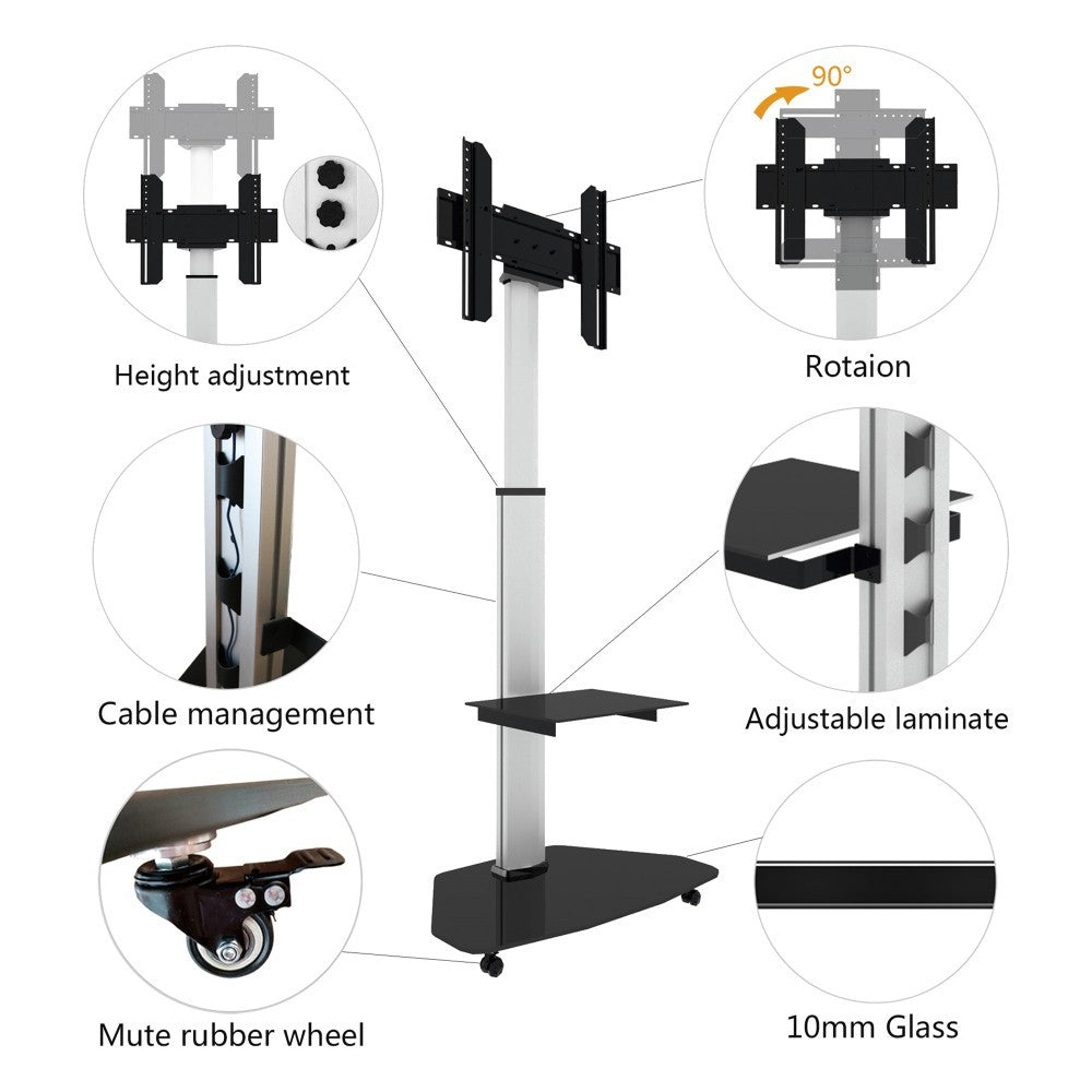 "Techly ICA-TR3SL Support TV mobile 37-70"" jusqu'a 40kg réglable 2 étageres"