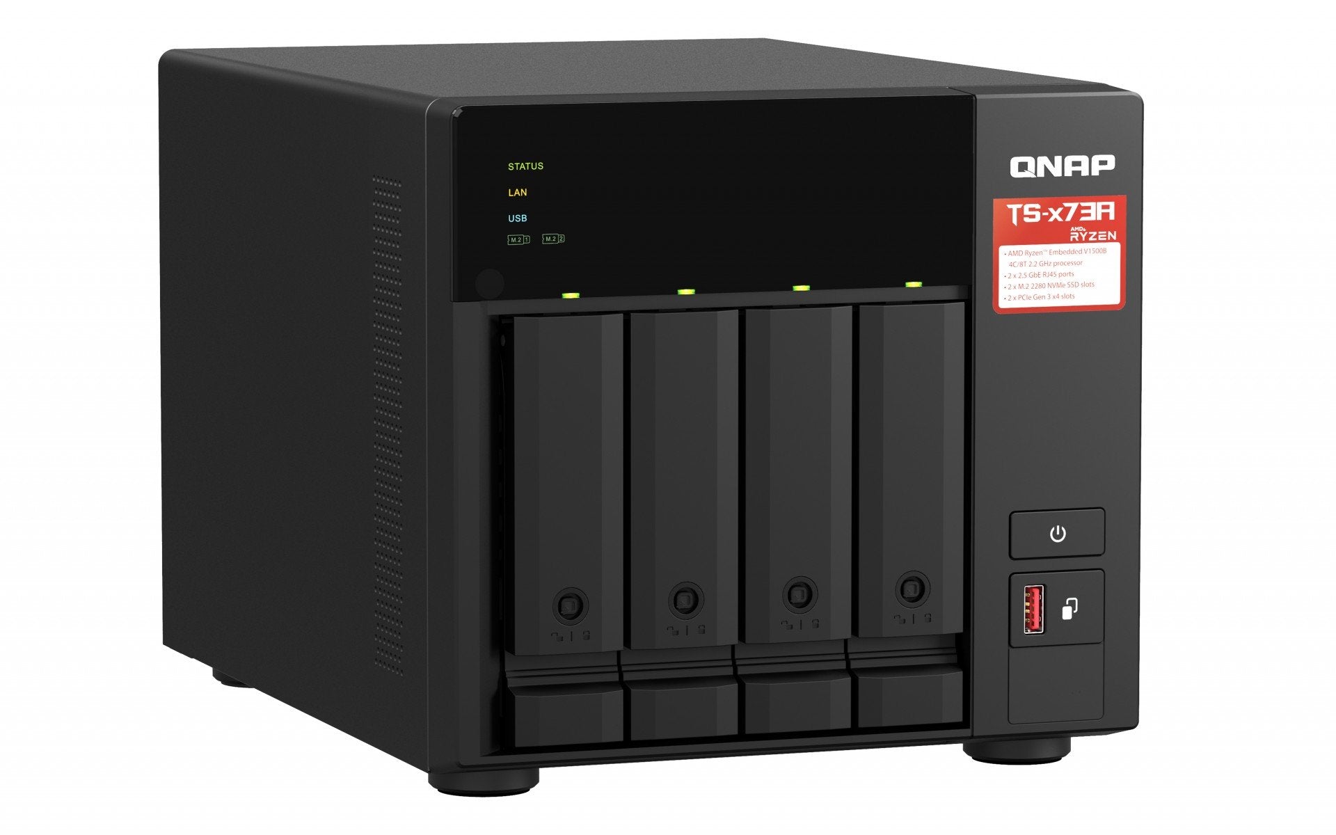 QNAP TS-473A-8G NAS AMD Ryzen Embedded V1500B 8Go SO-DIMM DDR4 4x 2.5/3.5inch SATA 6Gbps 2x M.2 2280 NVMe PCIe Gen3 x1 slots