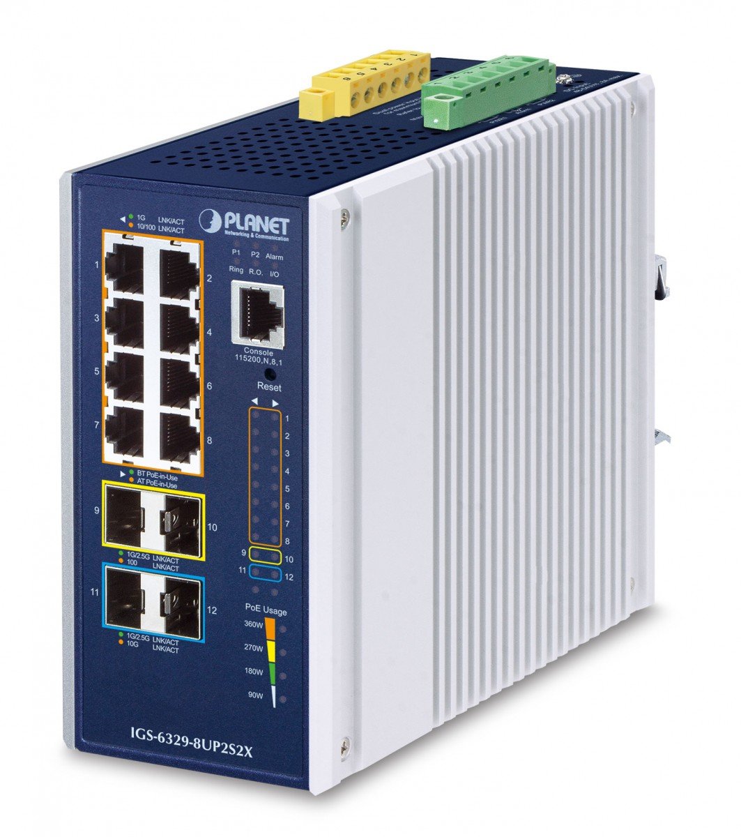 PLANET IP30 DIN-rail Industrial L3 Géré Gigabit Ethernet (10/100/1000) Connexion Ethernet, supportant l'alimentation via ce port (PoE) Bleu, Gris