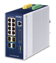 PLANET IP30 DIN-rail Industrial L3 Géré Gigabit Ethernet (10/100/1000) Connexion Ethernet, supportant l'alimentation via ce port (PoE) Bleu, Gris